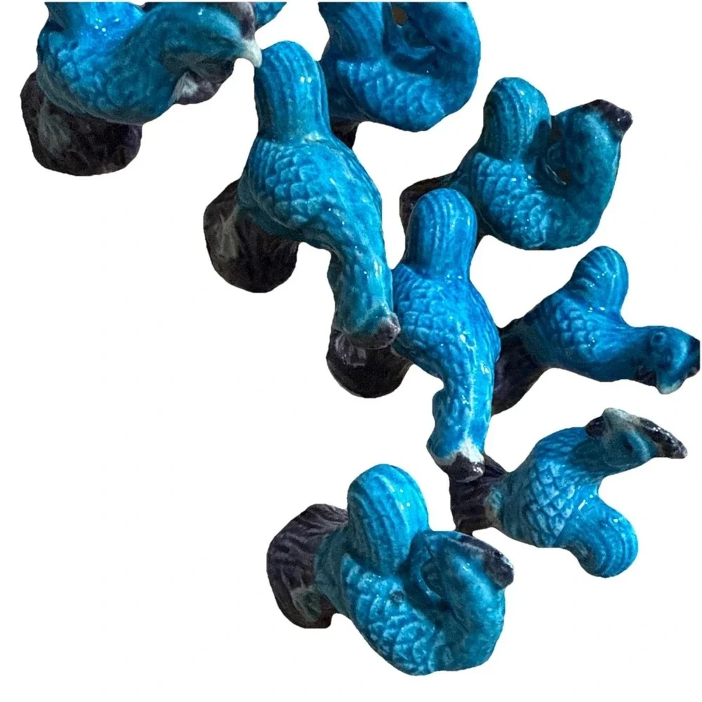 12 Vintage  Chinese Porcelain Blue Turquoise Purple Mud Rooster Figurine Chicken